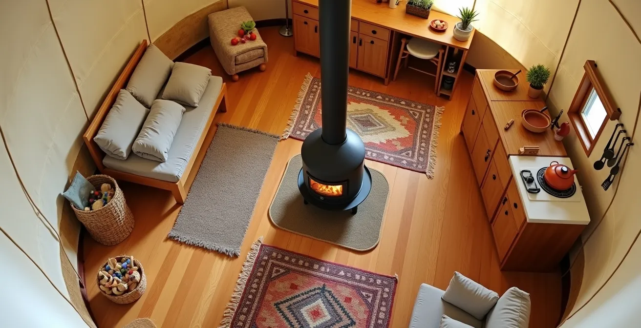 Vue aérienne de l'intérieur d'une yourte montrant l'organisation spatiale avec zones distinctes pour dormir, cuisiner et se détendre.