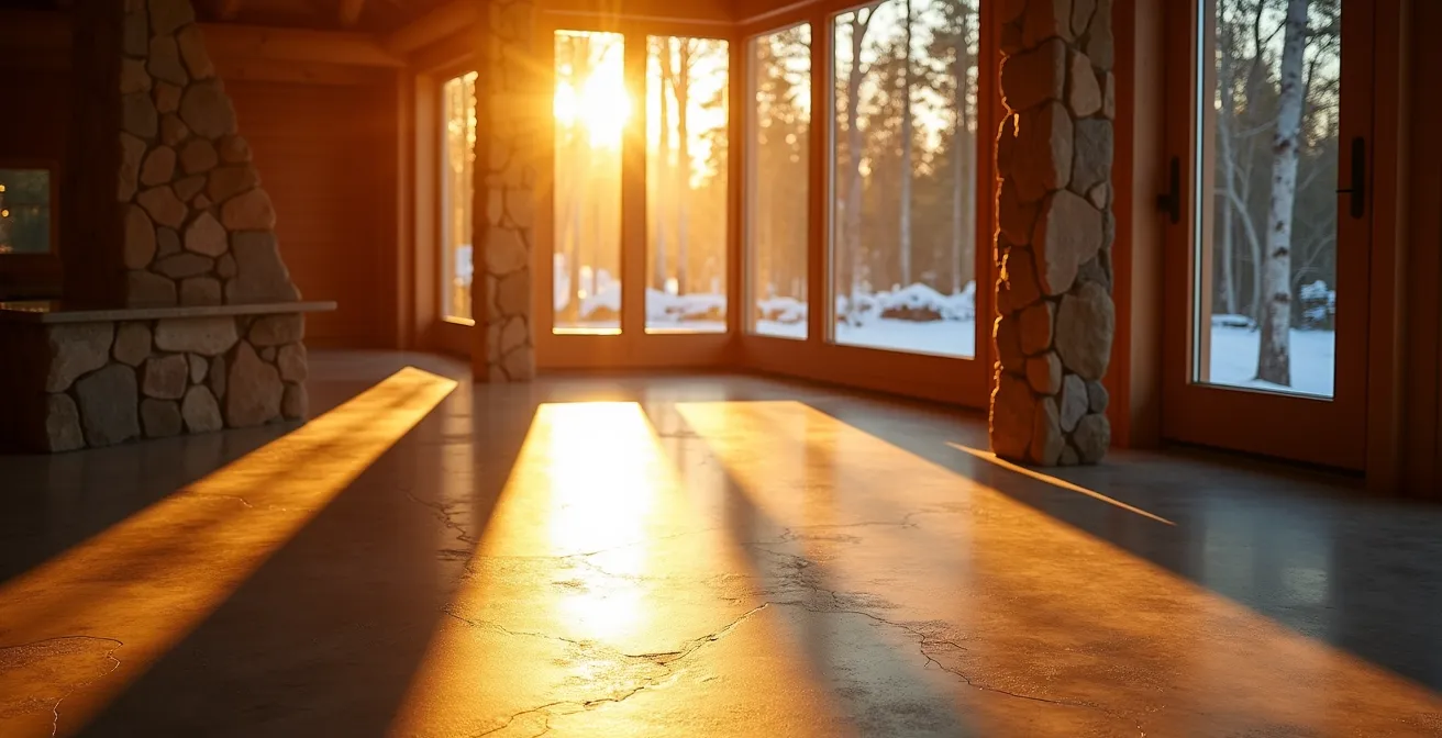 Coupe architecturale montrant l'orientation sud d'un éco-lodge avec plancher thermique et débord de toit calculé