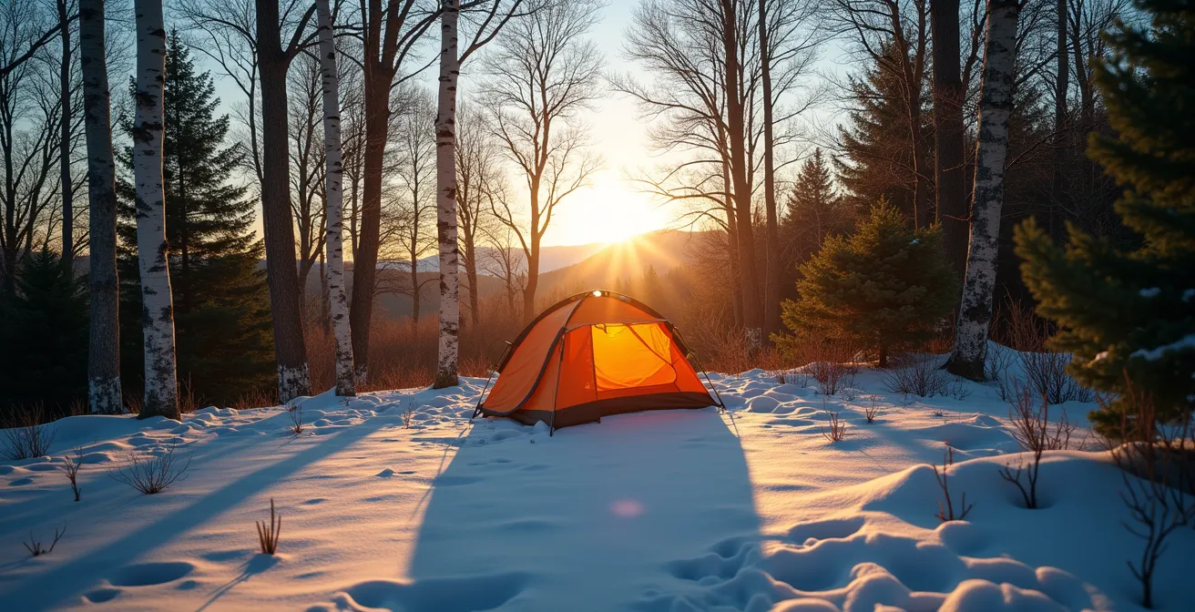 Tente positionnée stratégiquement entre conifères avec trajectoire solaire visible en arrière-plan