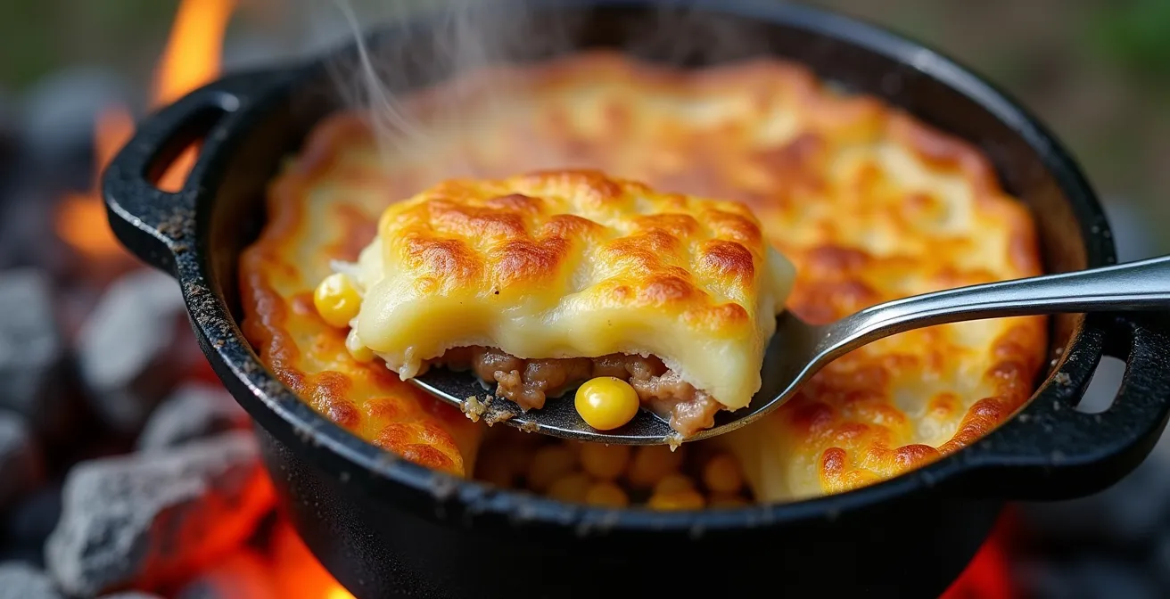 Cocotte en fonte contenant un pâté chinois doré posée sur des braises rougeoyantes