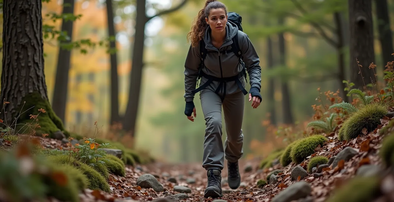 Randonneur testant ses nouvelles bottes sur différents terrains du Mont-Saint-Bruno