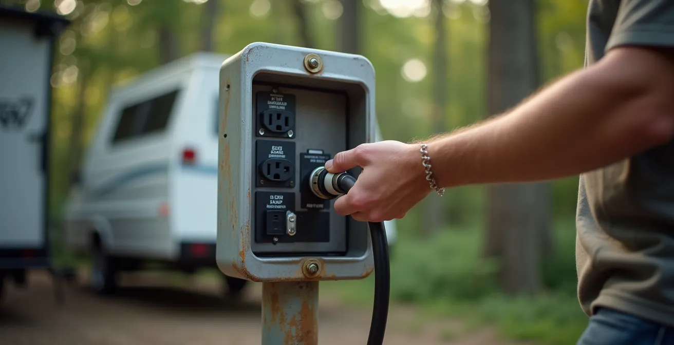 Poteau de service électrique d'un camping montrant différentes prises avec leurs amperages