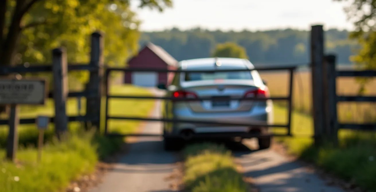 Vue arrière d'une voiture garée devant une barrière de ferme avec un panneau de propriété privée flou au premier plan