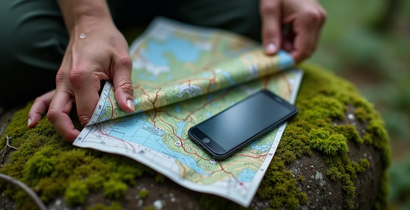 Randonneur consultant une carte papier dépliée avec un téléphone posé dessus en forêt