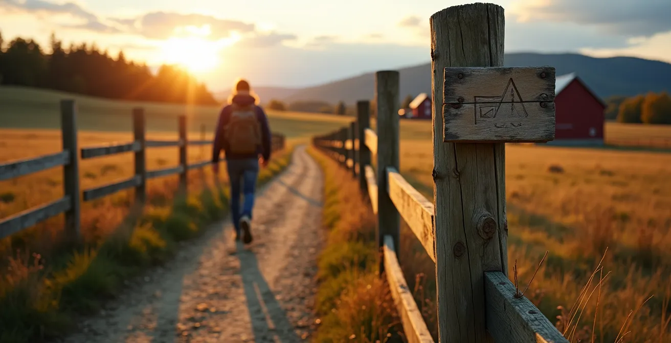 Randonneur marchant sur un sentier étroit bordé de clôtures de ferme avec panneau de propriété privée visible