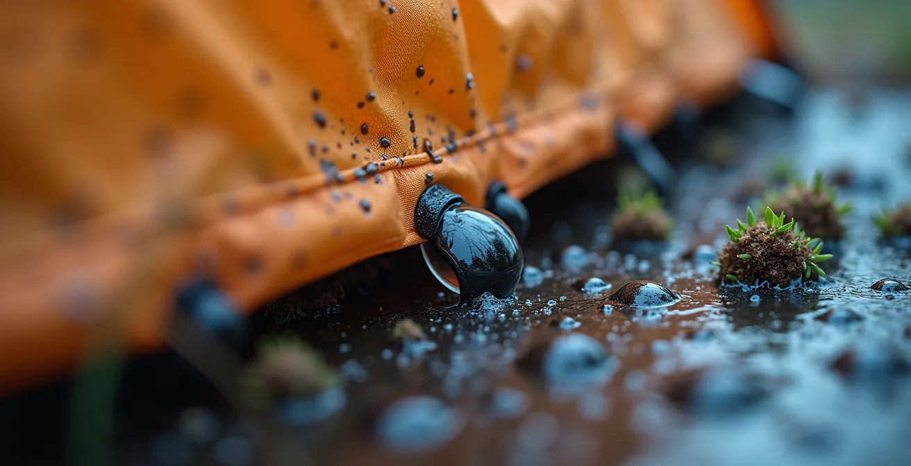 Zone tampon aménagée à l'entrée d'une tente avec bâche et équipement suspendu en forêt printanière