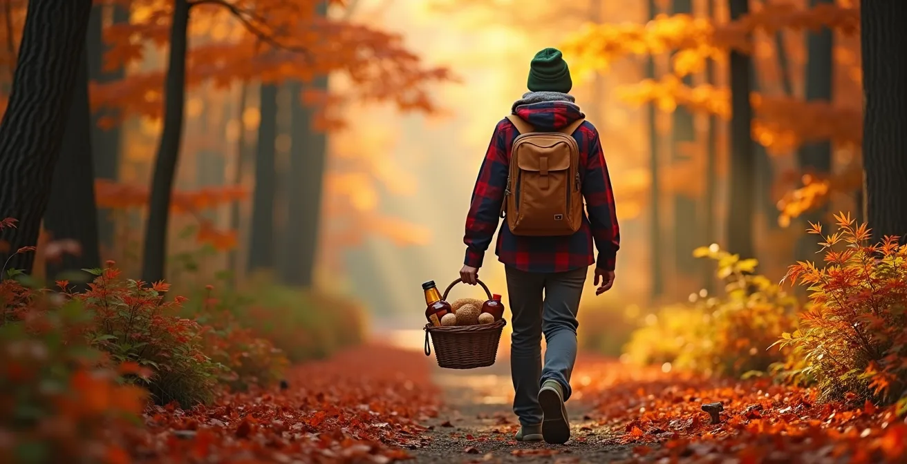Randonneur solitaire sur un sentier forestier bordé d'érables aux couleurs automnales éclatantes