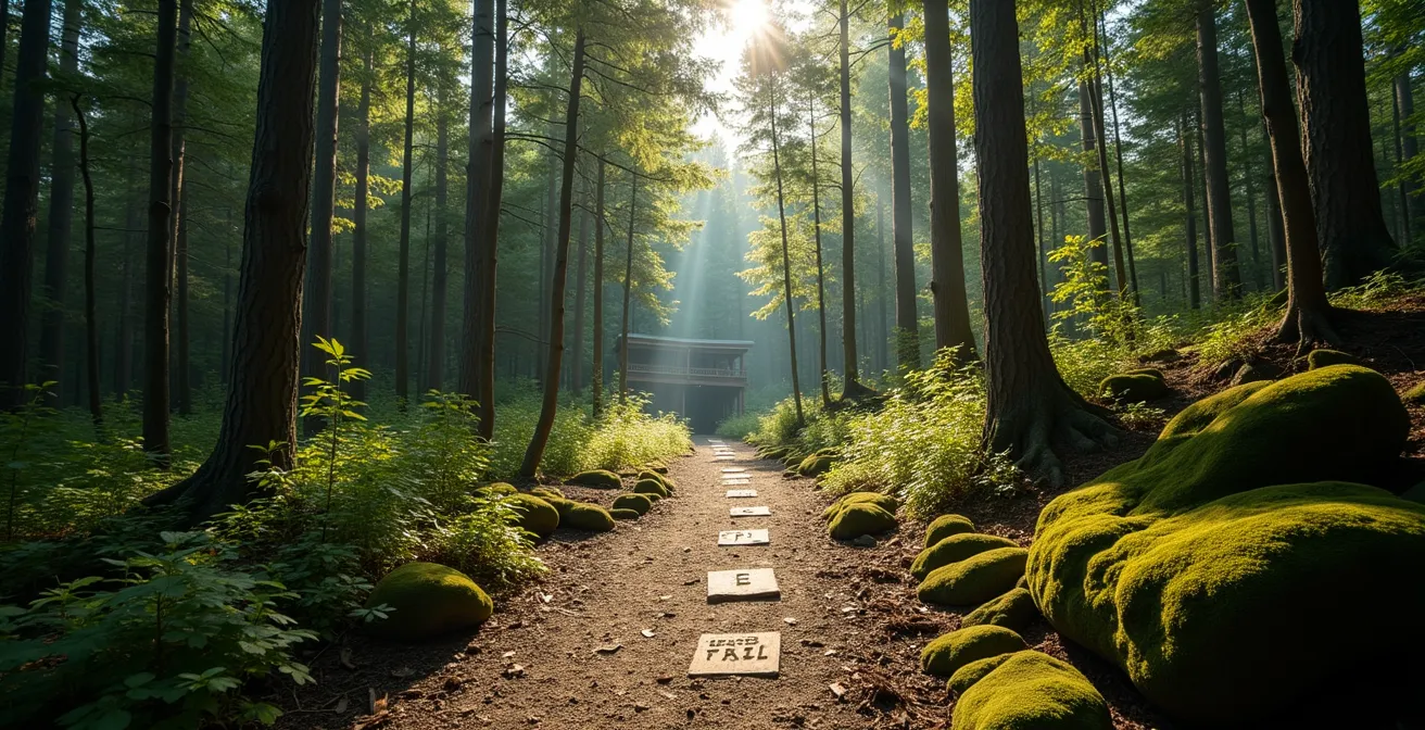 Sentier forestier étroit menant à une cabane perchée dans les arbres
