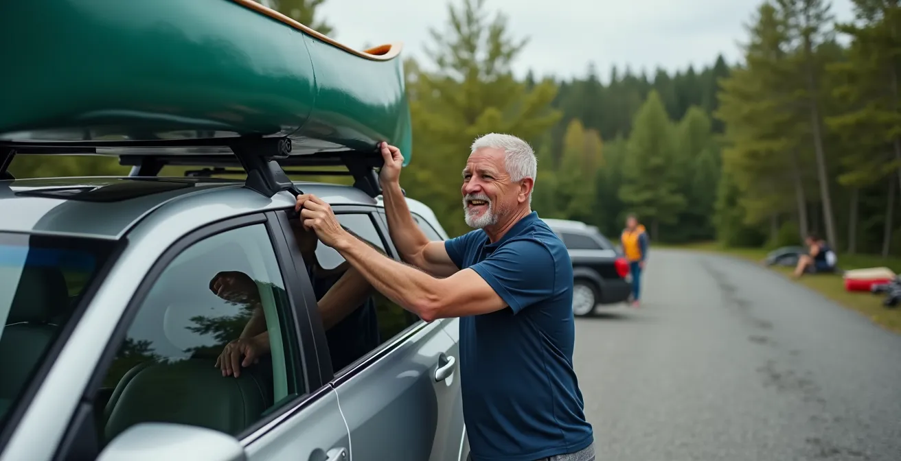 Système de chargement latéral pour canot sur VUS dans un stationnement de parc national