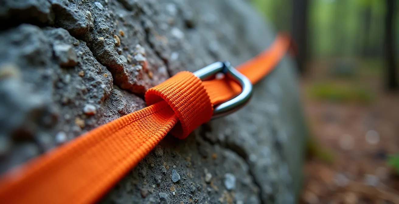 Gros plan sur un système d'ancrage avec sangle orange enroulée autour d'un rocher de granit
