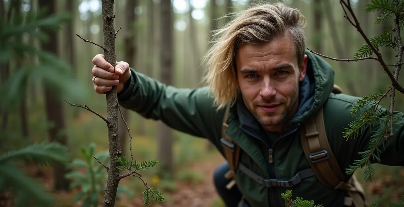 Randonneur traversant des aulnes denses en utilisant son poids corporel, technique du bushwhacking