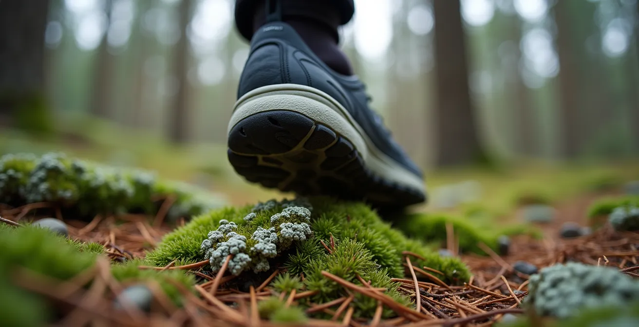 Gros plan sur les pieds d'un marcheur adoptant la technique du pas du renard sur un tapis de mousse