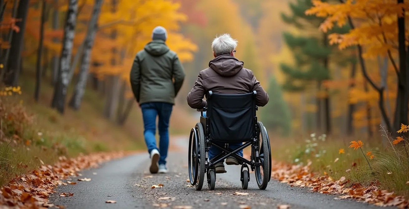 Accompagnateur poussant un fauteuil roulant en zigzag sur un sentier large en poussière de pierre, dans une forêt québécoise en automne.