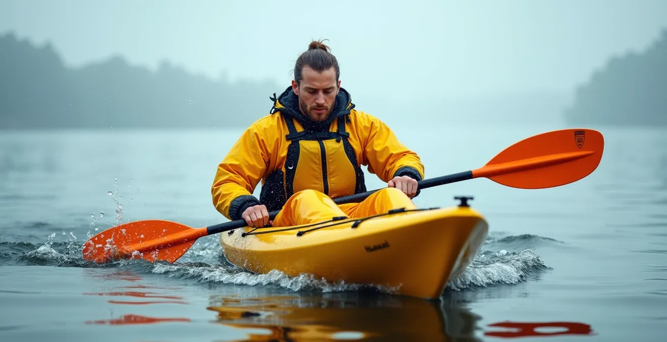 Kayakiste utilisant un paddle float orange pour remonter dans son kayak en eau profonde