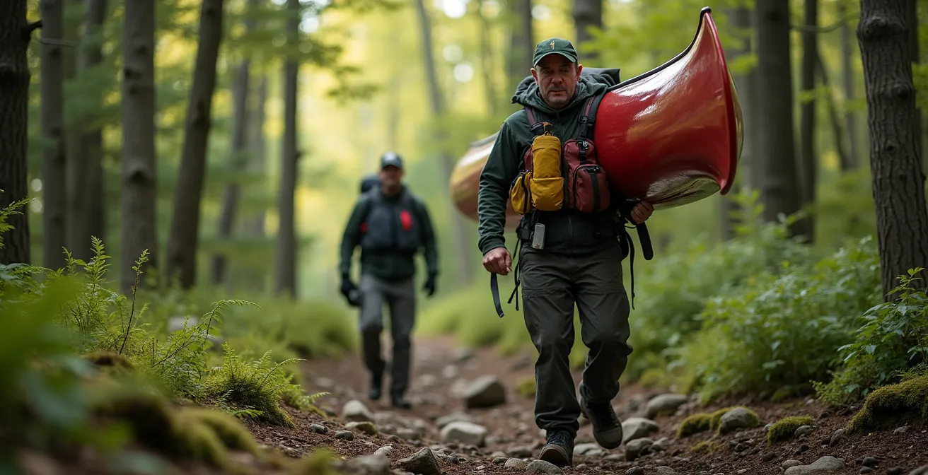 Canoteur expérimenté effectuant un portage en solo sur un sentier forestier québécois