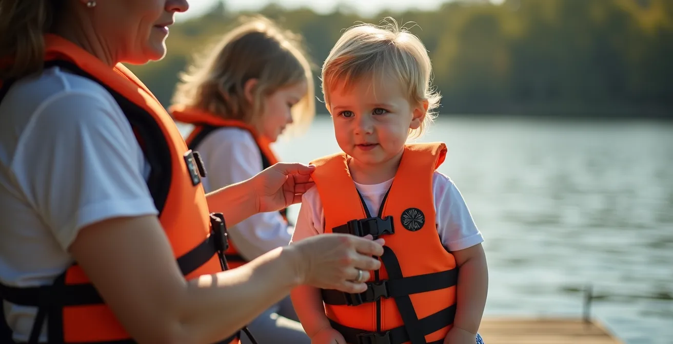 Parent vérifiant l'ajustement d'un VFI sur un enfant au bord d'un lac