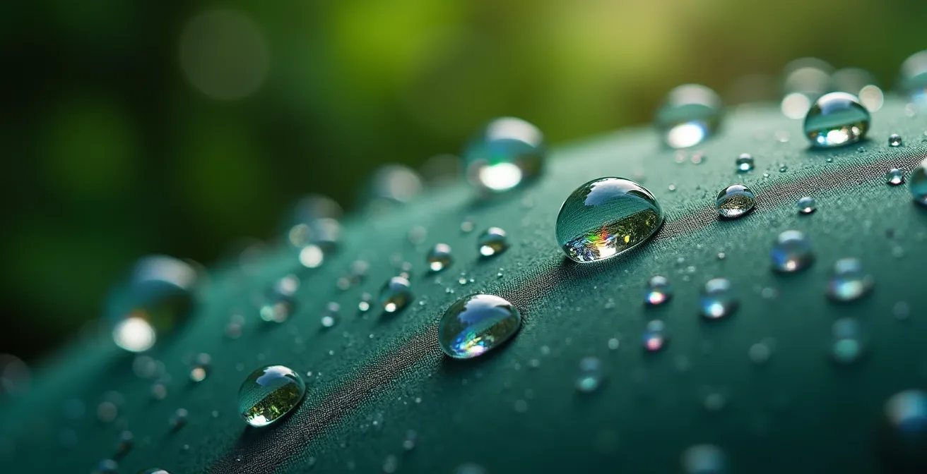 Gros plan sur des gouttes d'eau perlant sur un tissu technique traité sans PFC
