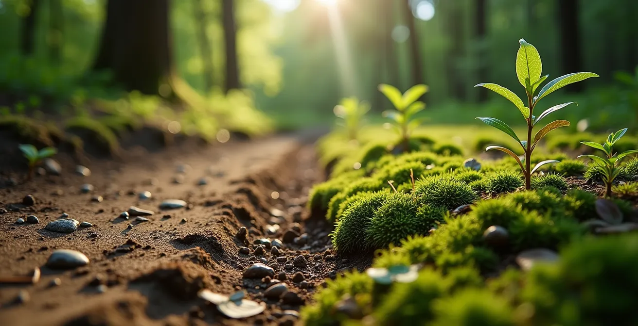 Sol forestier montrant la différence entre zone piétinée et zone préservée