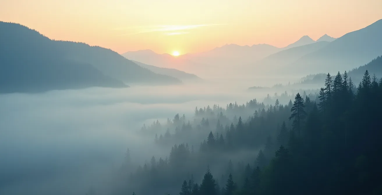 Vallée brumeuse du Parc de la Jacques-Cartier avec couches de brume entre les montagnes au lever du jour