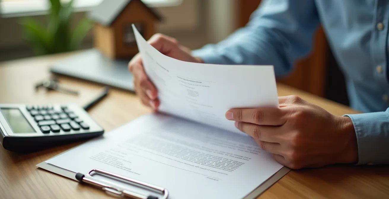 Gros plan sur des mains tenant des documents flous avec une calculatrice et des clés en arrière-plan