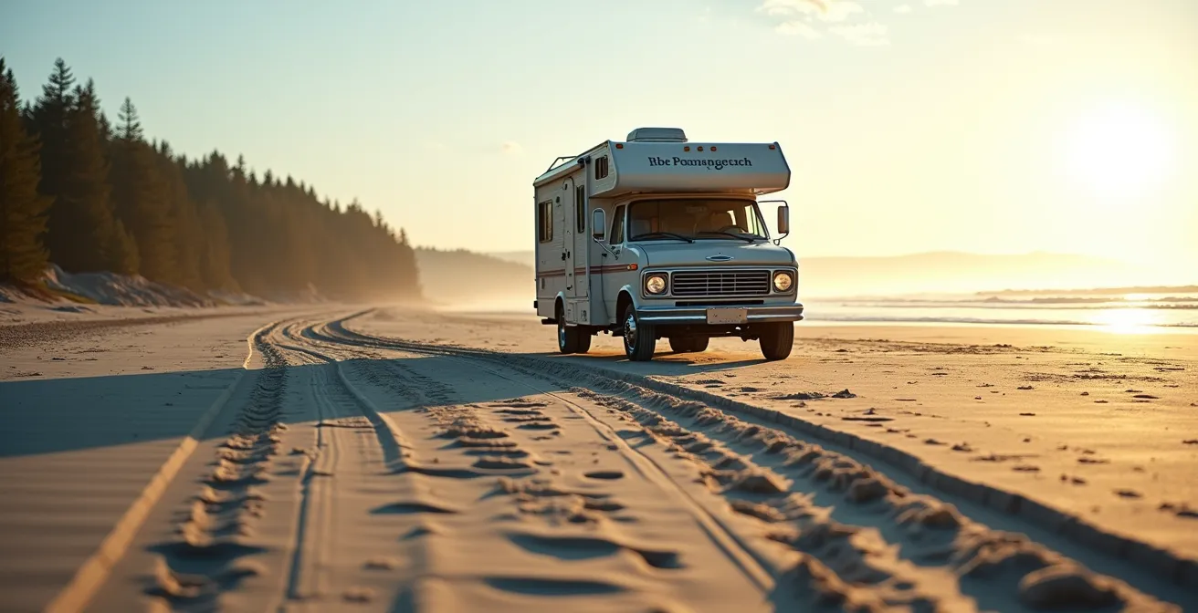 VR stationné prudemment sur sable dur avec marée basse visible et forêt boréale en arrière-plan
