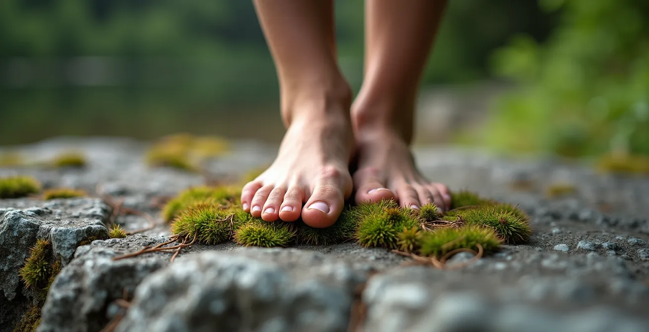 Personne pratiquant le yoga sur une surface rocheuse naturelle des Laurentides